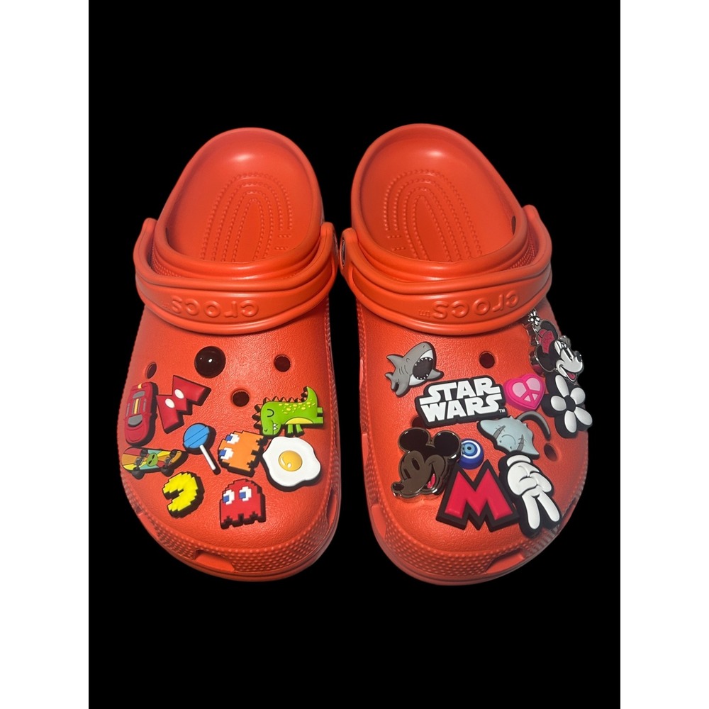 Crocs Classic Clogs Orange Mens 6 Womens 8 with Star Wars Disney Pac-Man Jibbitz